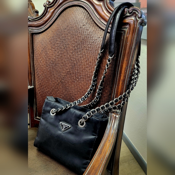 PRADA Black Nylon Tessuto Tote with Leather Thread Chain - Picture 9 of 16